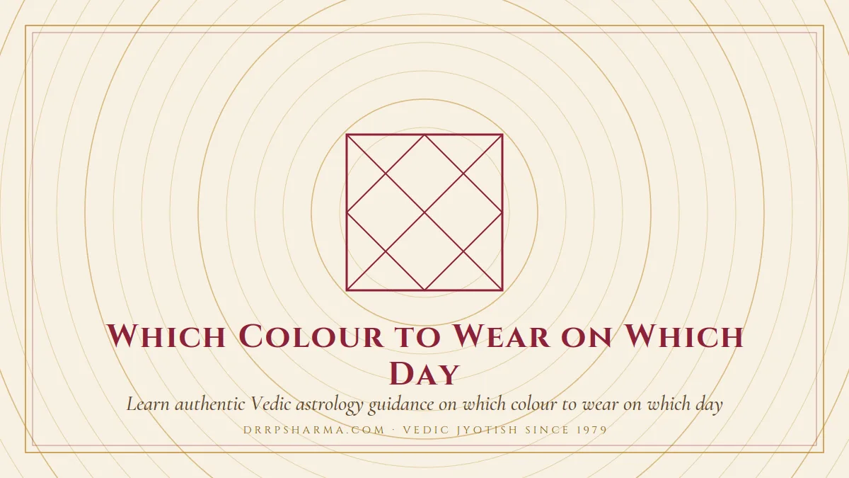 Which Colour to Wear on Which Day — a Vedic birth-chart (kundli) diagram motif on a parchment plate