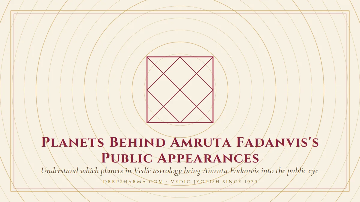Planets Behind Amruta Fadanvis's Public Appearances — a Vedic birth-chart (kundli) diagram motif on a parchment plate