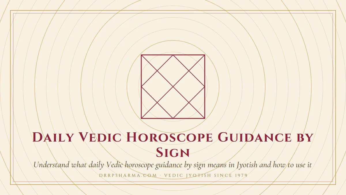 Daily Vedic Horoscope Guidance by Sign — a Vedic birth-chart (kundli) diagram motif on a parchment plate