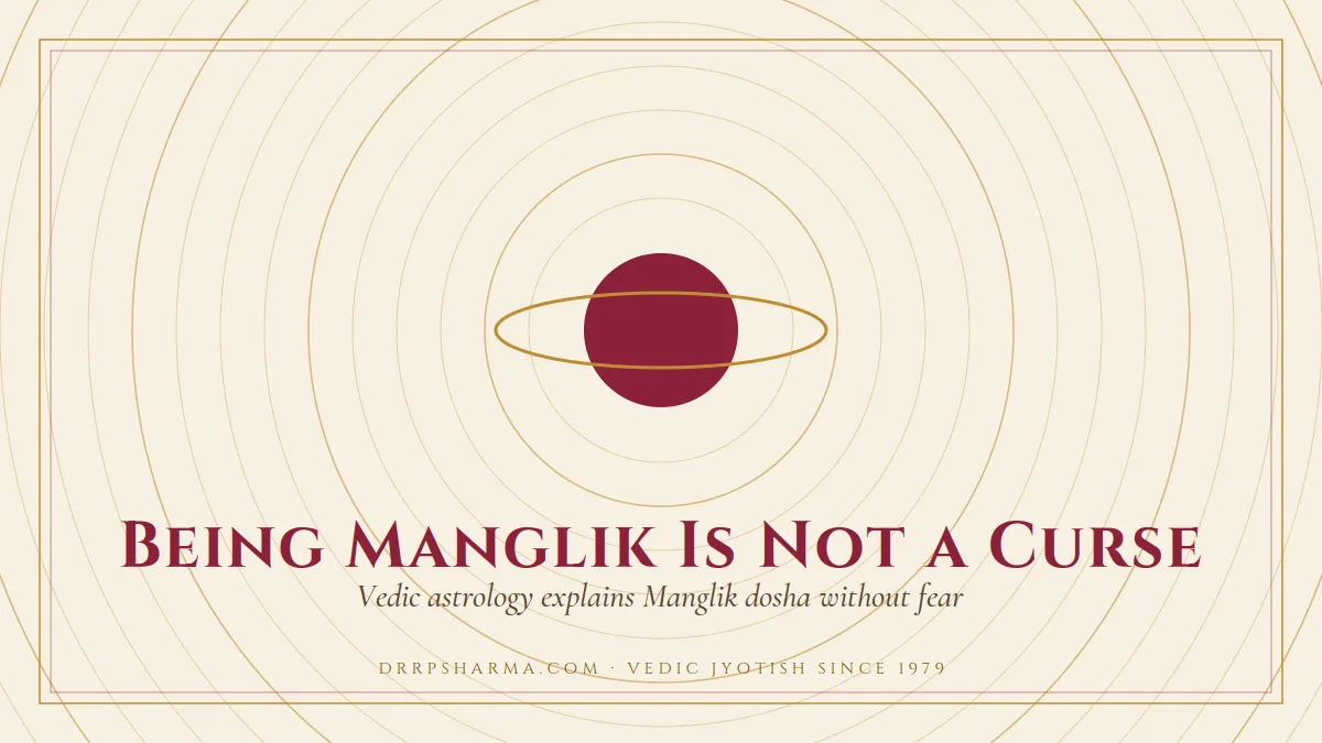 Being Manglik Is Not a Curse — a ringed-planet motif on a parchment plate