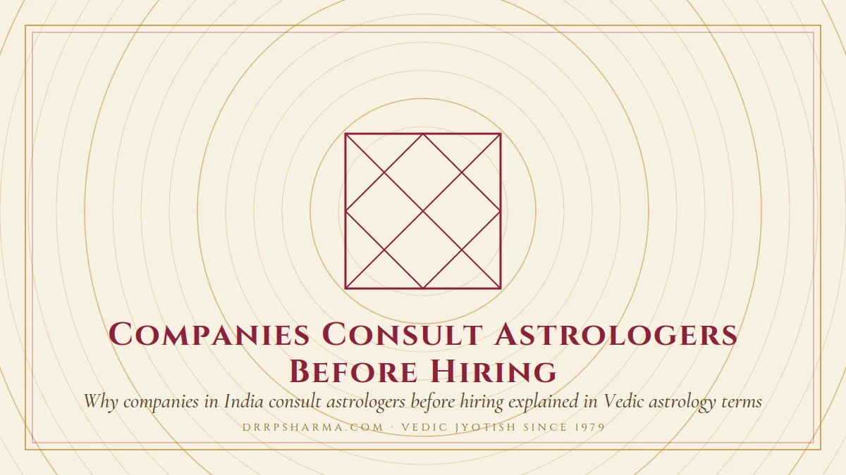 Companies Consult Astrologers Before Hiring — a Vedic birth-chart (kundli) diagram motif on a parchment plate