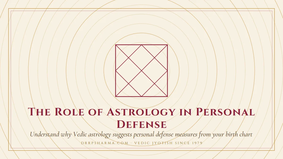 The Role of Astrology in Personal Defense — a Vedic birth-chart (kundli) diagram motif on a parchment plate