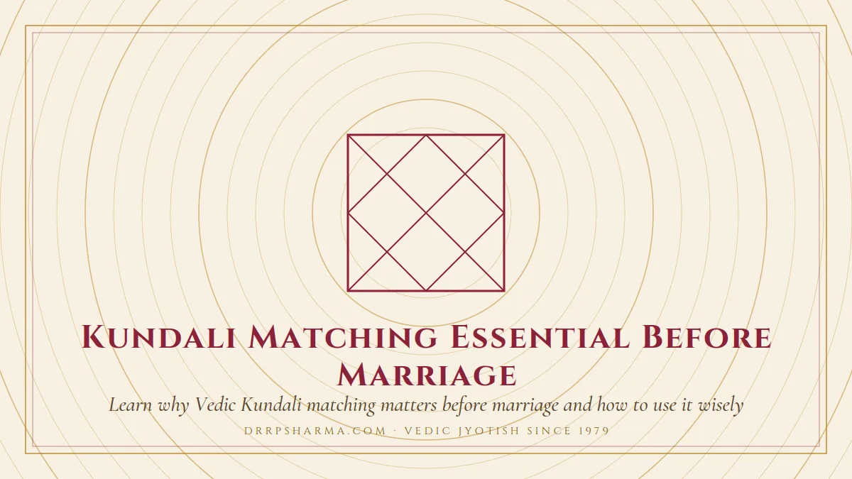 Kundali Matching Essential Before Marriage — a Vedic birth-chart (kundli) diagram motif on a parchment plate