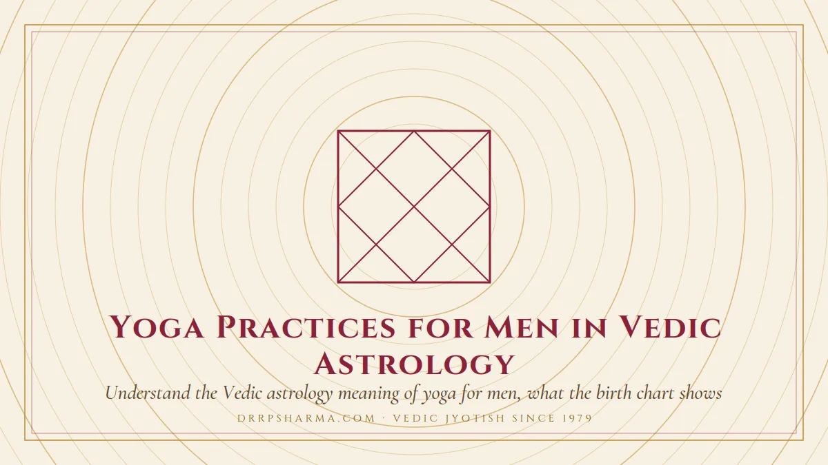Yoga Practices for Men in Vedic Astrology — a Vedic birth-chart (kundli) diagram motif on a parchment plate