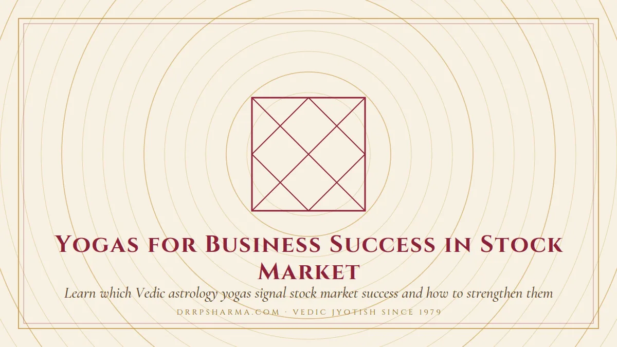 Yogas for Business Success in Stock Market — a Vedic birth-chart (kundli) diagram motif on a parchment plate