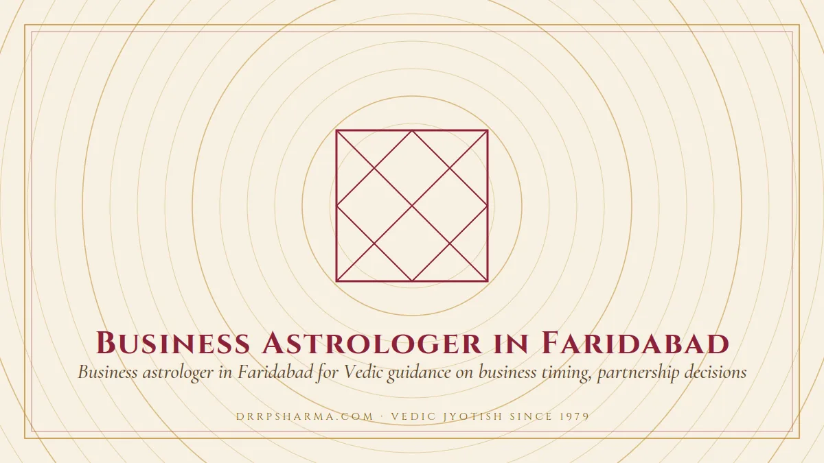 Business Astrologer in Faridabad — a Vedic birth-chart (kundli) diagram motif on a parchment plate