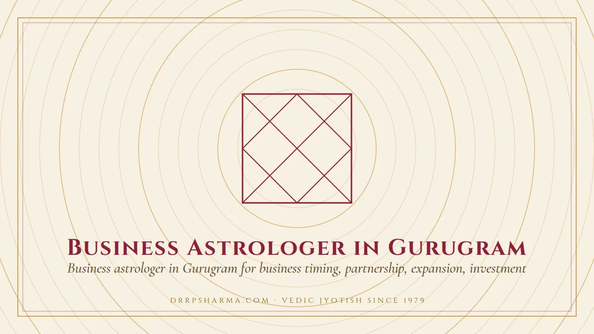 Business Astrologer in Gurugram — a Vedic birth-chart (kundli) diagram motif on a parchment plate