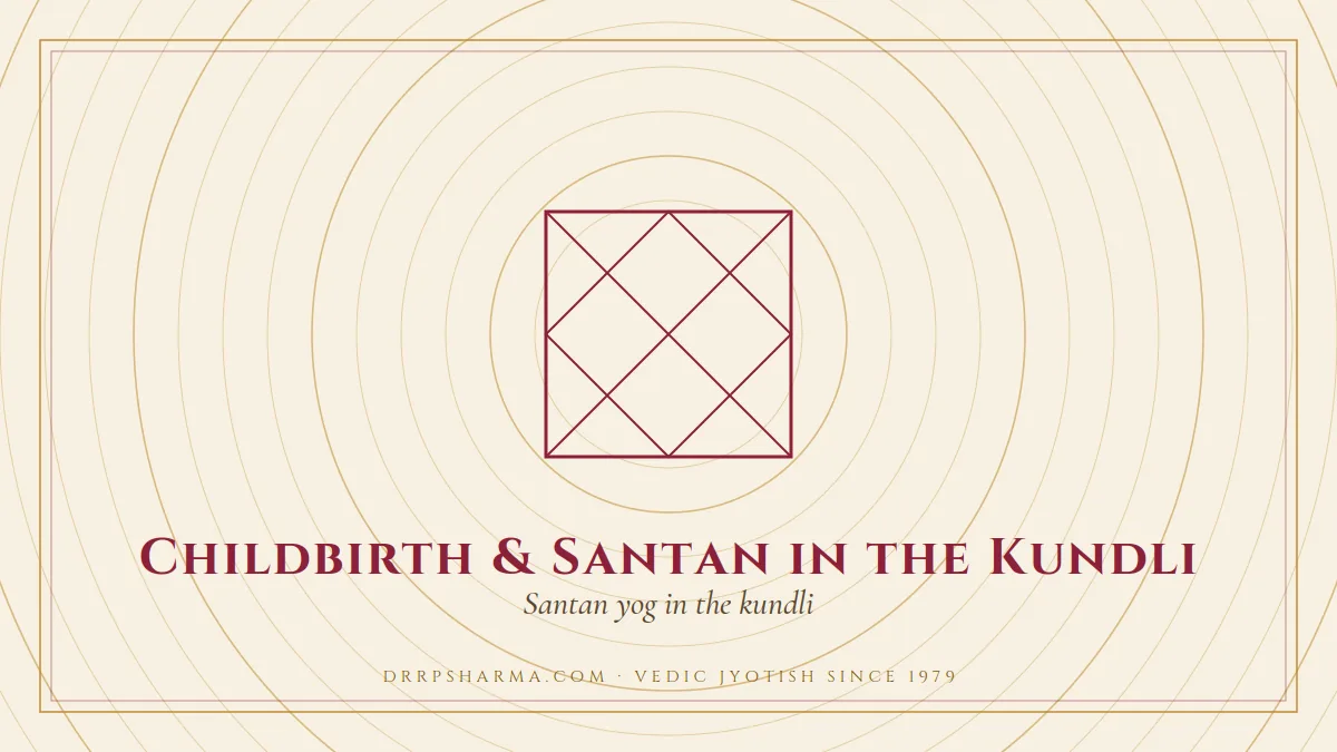 Childbirth & Santan in the Kundli — a Vedic birth-chart (kundli) diagram motif on a parchment plate
