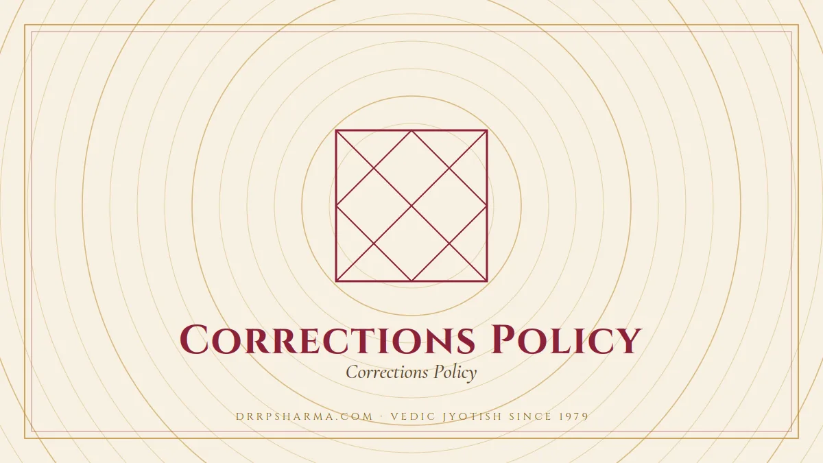 Corrections Policy — a Vedic birth-chart (kundli) diagram motif on a parchment plate