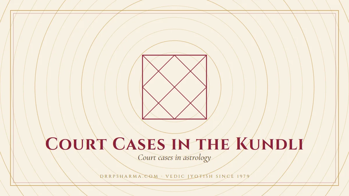 Court Cases in the Kundli — a Vedic birth-chart (kundli) diagram motif on a parchment plate