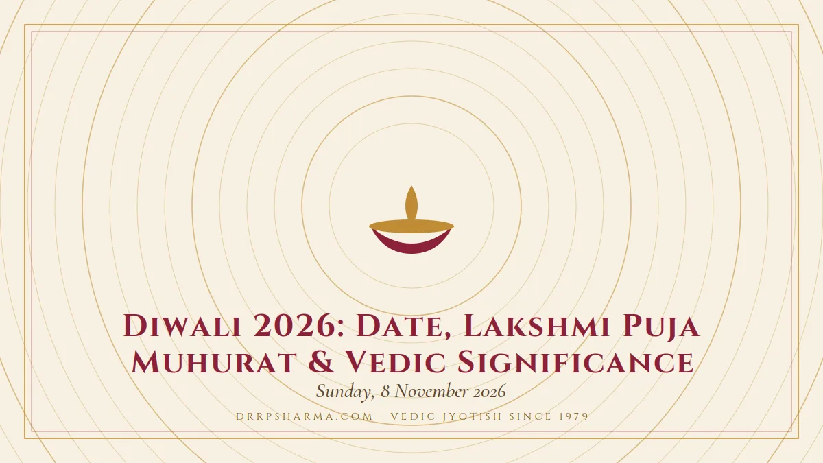 Diwali 2026: Date, Lakshmi Puja Muhurat & Vedic Significance — a lit diya lamp motif on a parchment plate