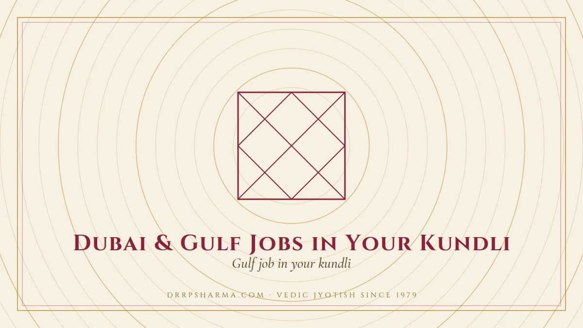 Dubai & Gulf Jobs in Your Kundli — a Vedic birth-chart (kundli) diagram motif on a parchment plate