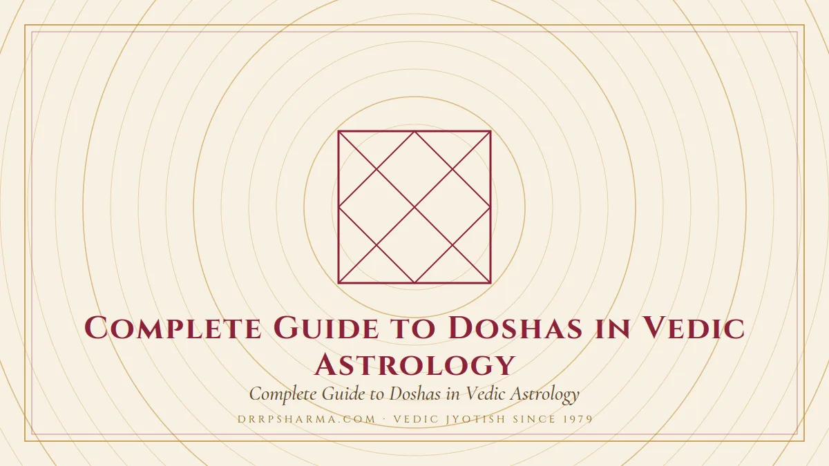 Complete Guide to Doshas in Vedic Astrology — a Vedic birth-chart (kundli) diagram motif on a parchment plate