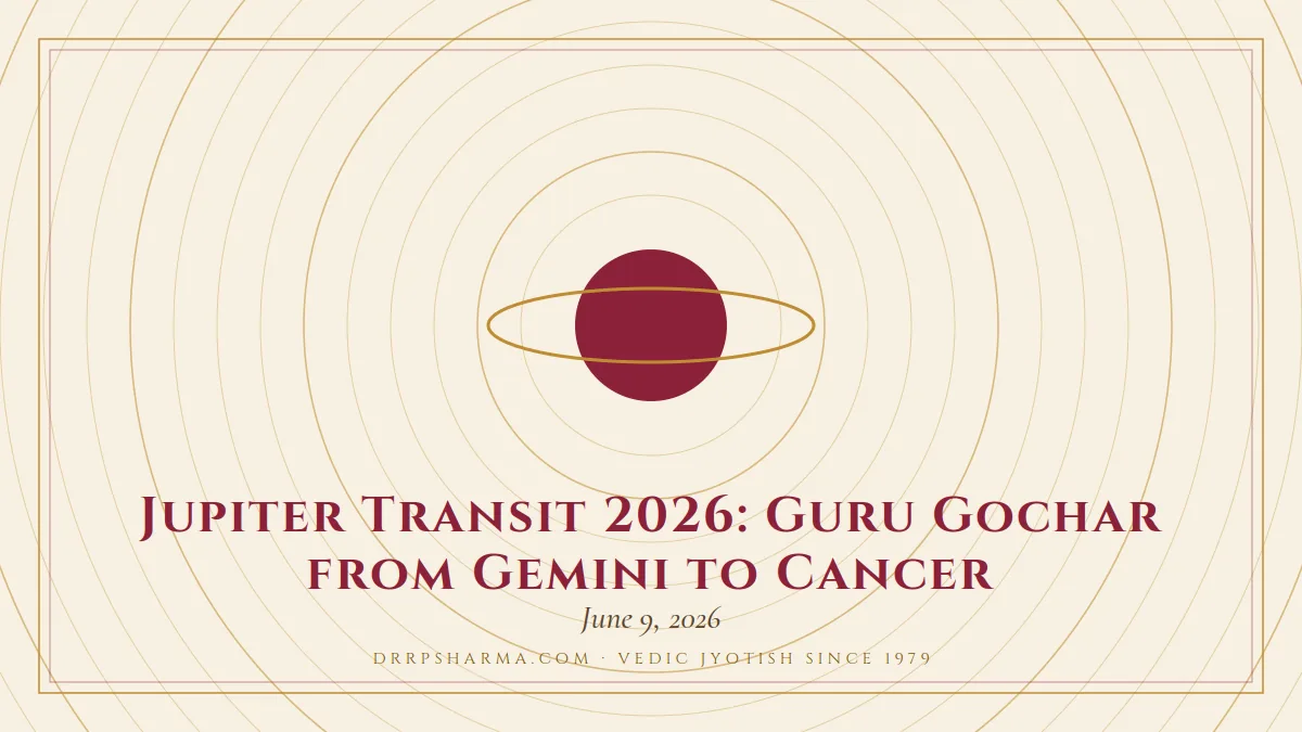Jupiter Transit 2026: Guru Gochar from Gemini to Cancer — a ringed-planet motif on a parchment plate