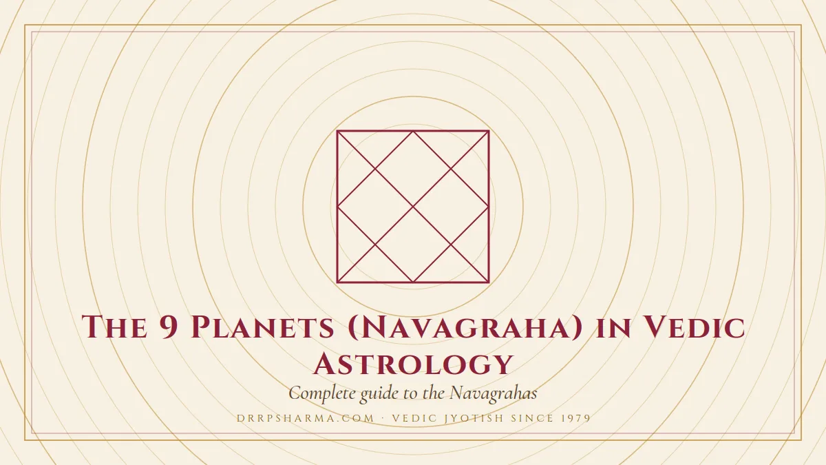 The 9 Planets (Navagraha) in Vedic Astrology — a Vedic birth-chart (kundli) diagram motif on a parchment plate