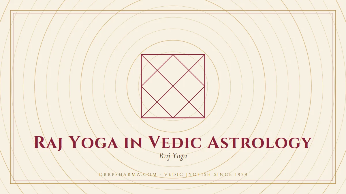 Raj Yoga in Vedic Astrology — a Vedic birth-chart (kundli) diagram motif on a parchment plate