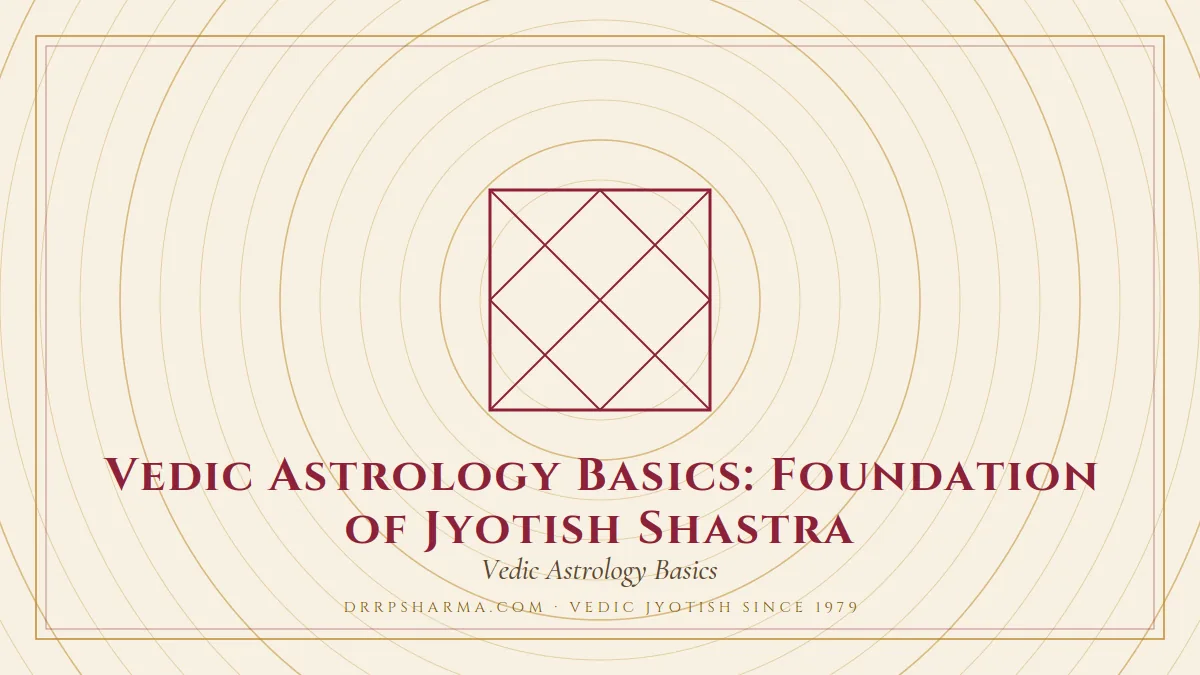 Vedic Astrology Basics: Foundation of Jyotish Shastra — a Vedic birth-chart (kundli) diagram motif on a parchment plate