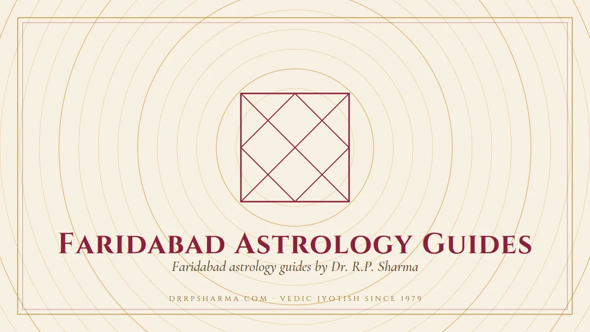 Faridabad Astrology Guides — a Vedic birth-chart (kundli) diagram motif on a parchment plate