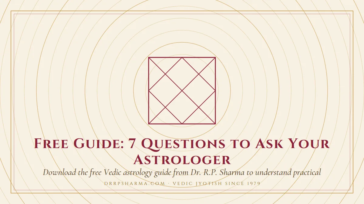 Free Guide: 7 Questions to Ask Your Astrologer — a Vedic birth-chart (kundli) diagram motif on a parchment plate