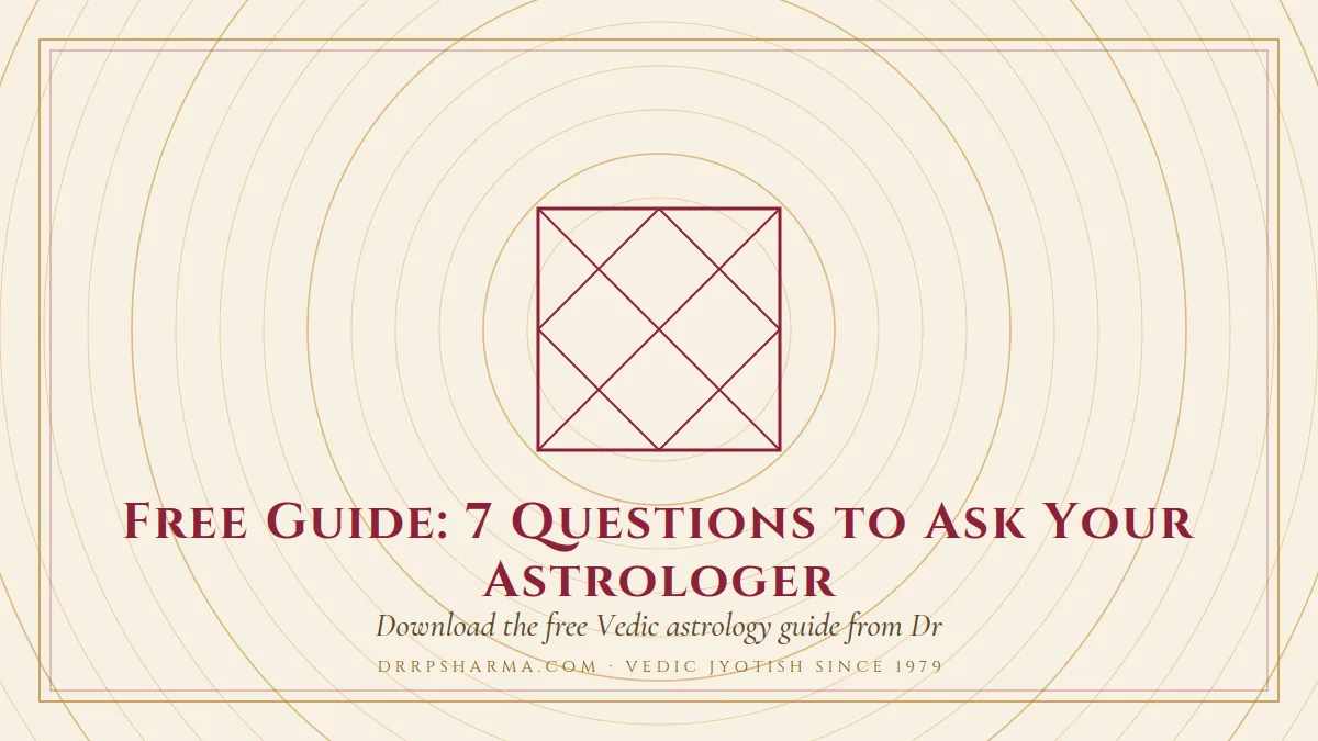 Free Guide: 7 Questions to Ask Your Astrologer — a Vedic birth-chart (kundli) diagram motif on a parchment plate
