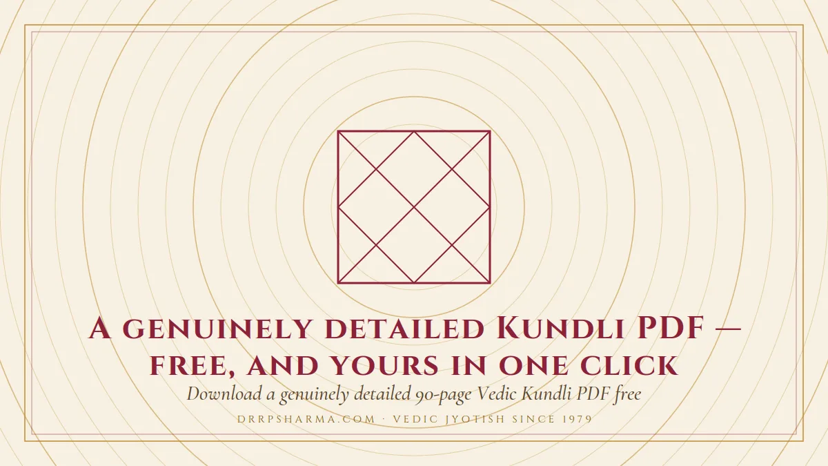 A genuinely detailed Kundli PDF — free, and yours in one click — a Vedic birth-chart (kundli) diagram motif on a parchment plate