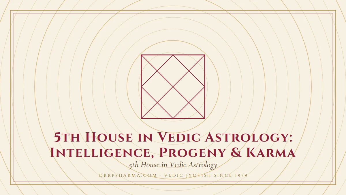 5th House in Vedic Astrology: Intelligence, Progeny & Karma — a Vedic birth-chart (kundli) diagram motif on a parchment plate
