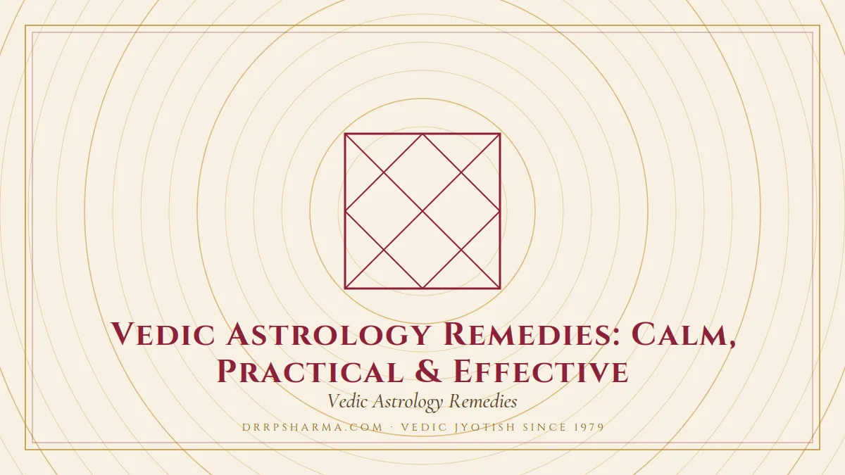 Vedic Astrology Remedies: Calm, Practical & Effective — a Vedic birth-chart (kundli) diagram motif on a parchment plate