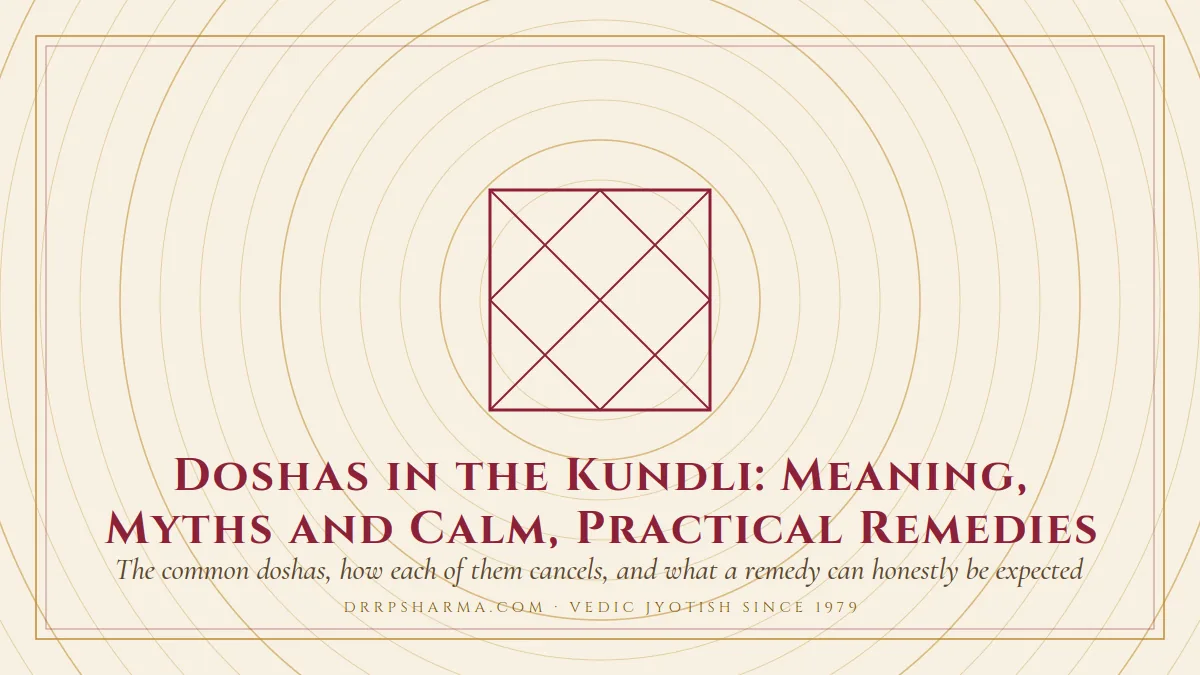 Doshas in the Kundli: Meaning, Myths and Calm, Practical Remedies — a Vedic birth-chart (kundli) diagram motif on a parchment plate
