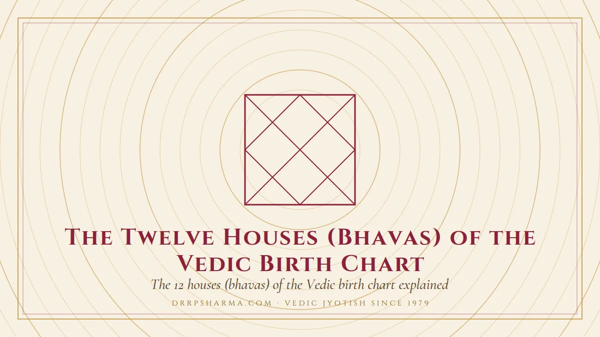 The Twelve Houses (Bhavas) of the Vedic Birth Chart — a Vedic birth-chart (kundli) diagram motif on a parchment plate