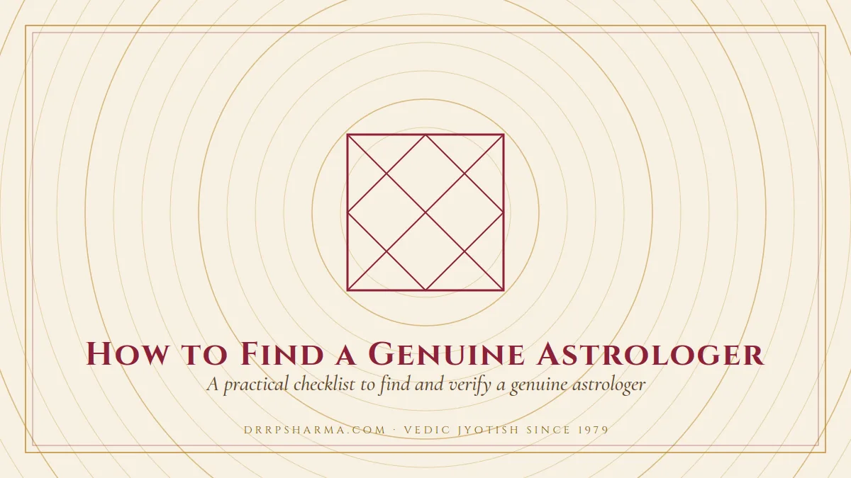 How to Find a Genuine Astrologer — a Vedic birth-chart (kundli) diagram motif on a parchment plate