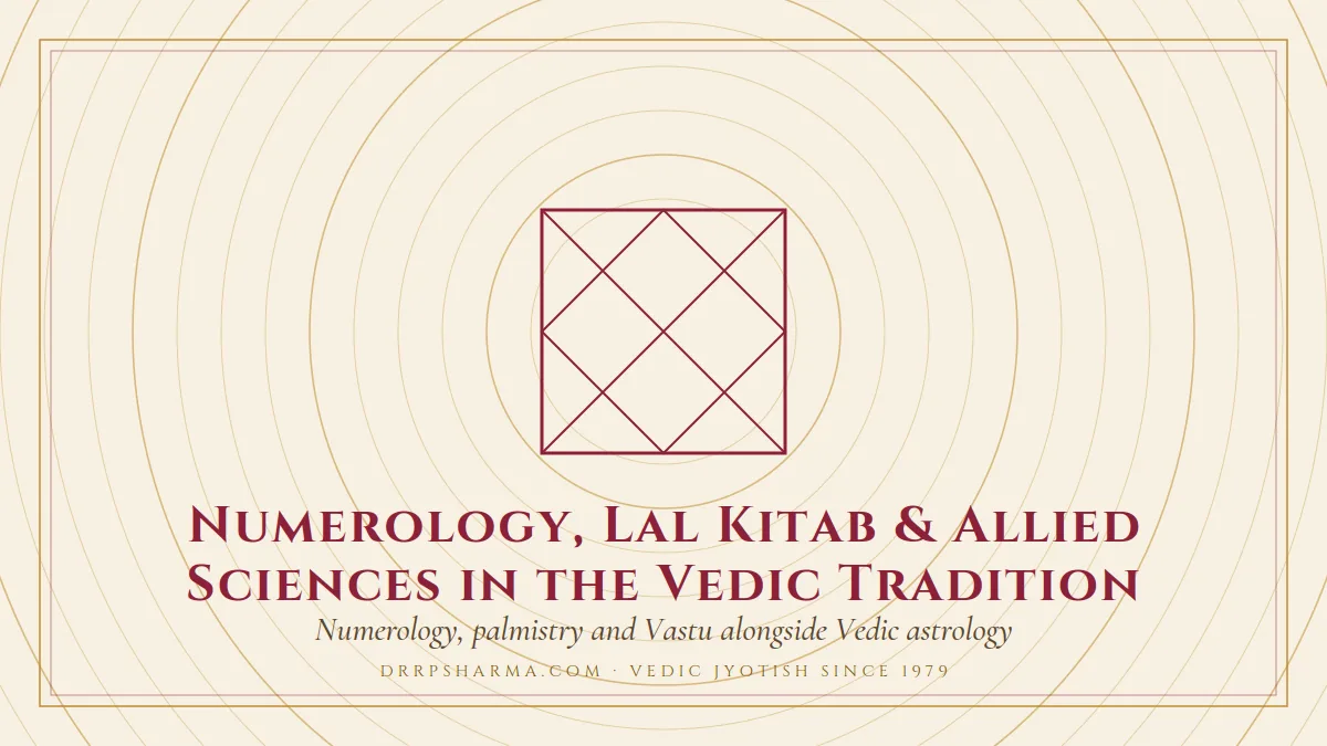 Numerology, Lal Kitab & Allied Sciences in the Vedic Tradition — a Vedic birth-chart (kundli) diagram motif on a parchment plate