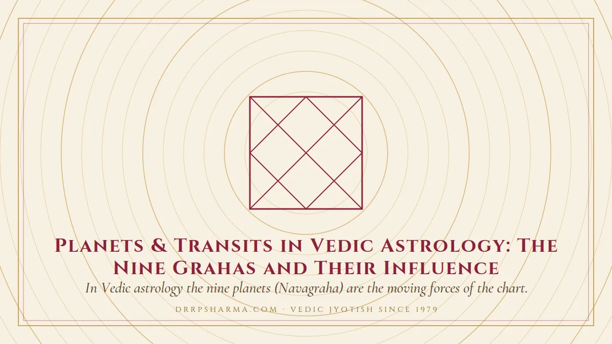 Planets & Transits in Vedic Astrology: The Nine Grahas and Their Influence — a Vedic birth-chart (kundli) diagram motif on a parchment plate