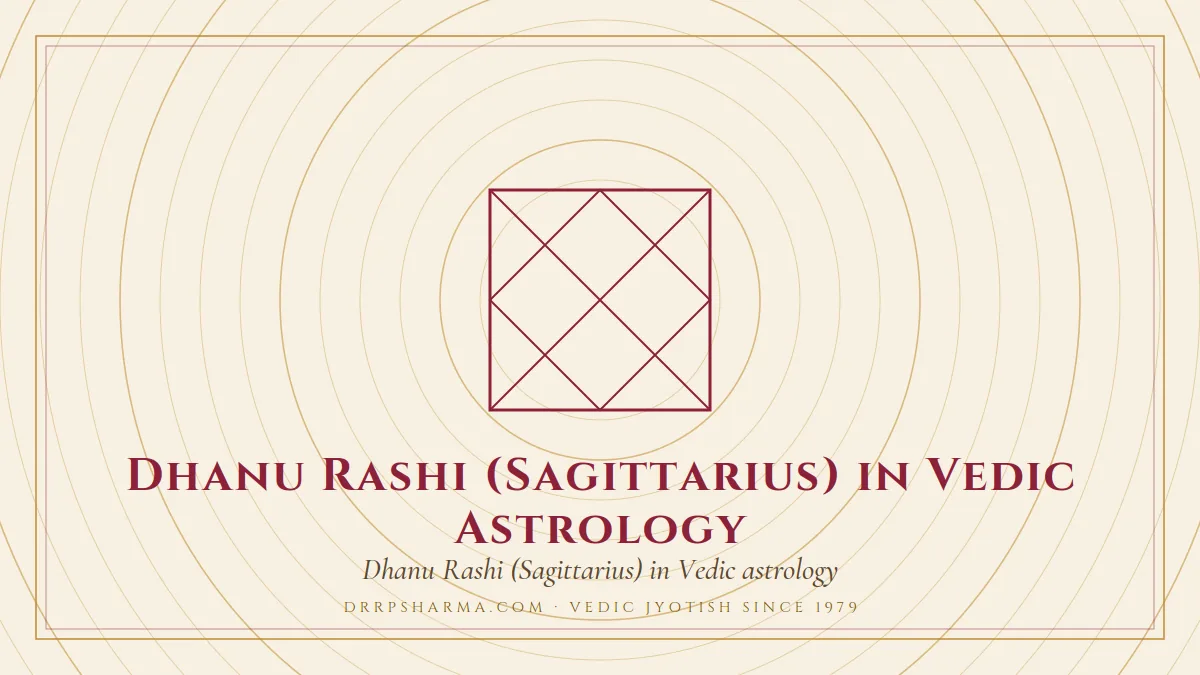 Dhanu Rashi (Sagittarius) in Vedic Astrology — a Vedic birth-chart (kundli) diagram motif on a parchment plate