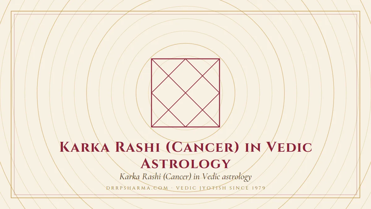 Karka Rashi (Cancer) in Vedic Astrology — a Vedic birth-chart (kundli) diagram motif on a parchment plate