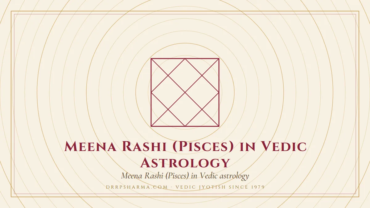 Meena Rashi (Pisces) in Vedic Astrology — a Vedic birth-chart (kundli) diagram motif on a parchment plate