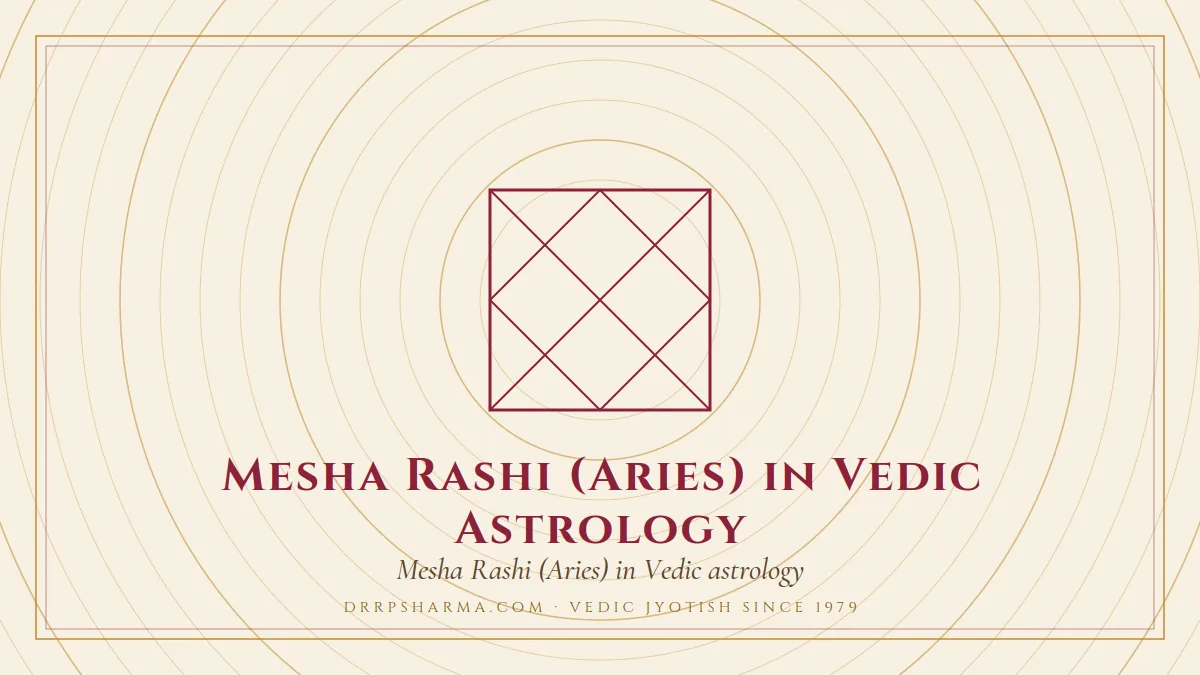 Mesha Rashi (Aries) in Vedic Astrology — a Vedic birth-chart (kundli) diagram motif on a parchment plate