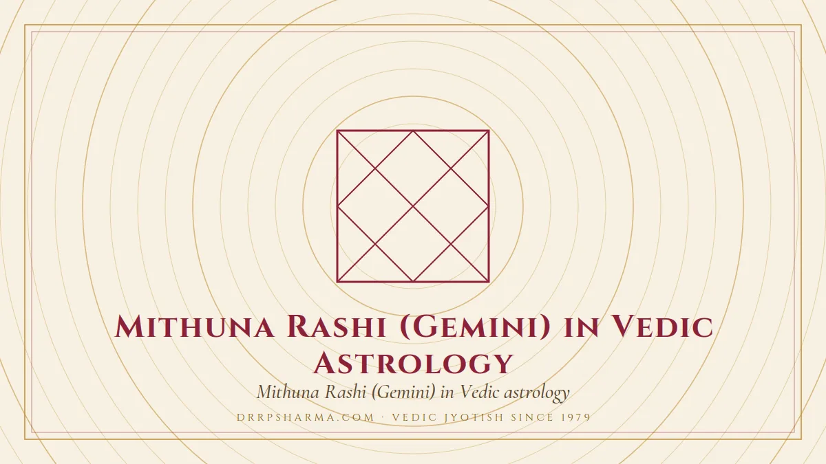 Mithuna Rashi (Gemini) in Vedic Astrology — a Vedic birth-chart (kundli) diagram motif on a parchment plate