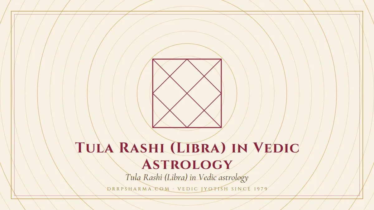 Tula Rashi (Libra) in Vedic Astrology — a Vedic birth-chart (kundli) diagram motif on a parchment plate