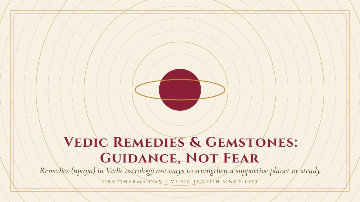 Vedic Remedies & Gemstones: Guidance, Not Fear — a ringed-planet motif on a parchment plate