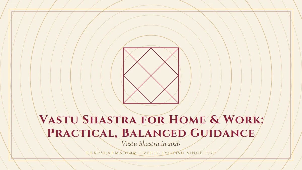 Vastu Shastra for Home & Work: Practical, Balanced Guidance — a Vedic birth-chart (kundli) diagram motif on a parchment plate