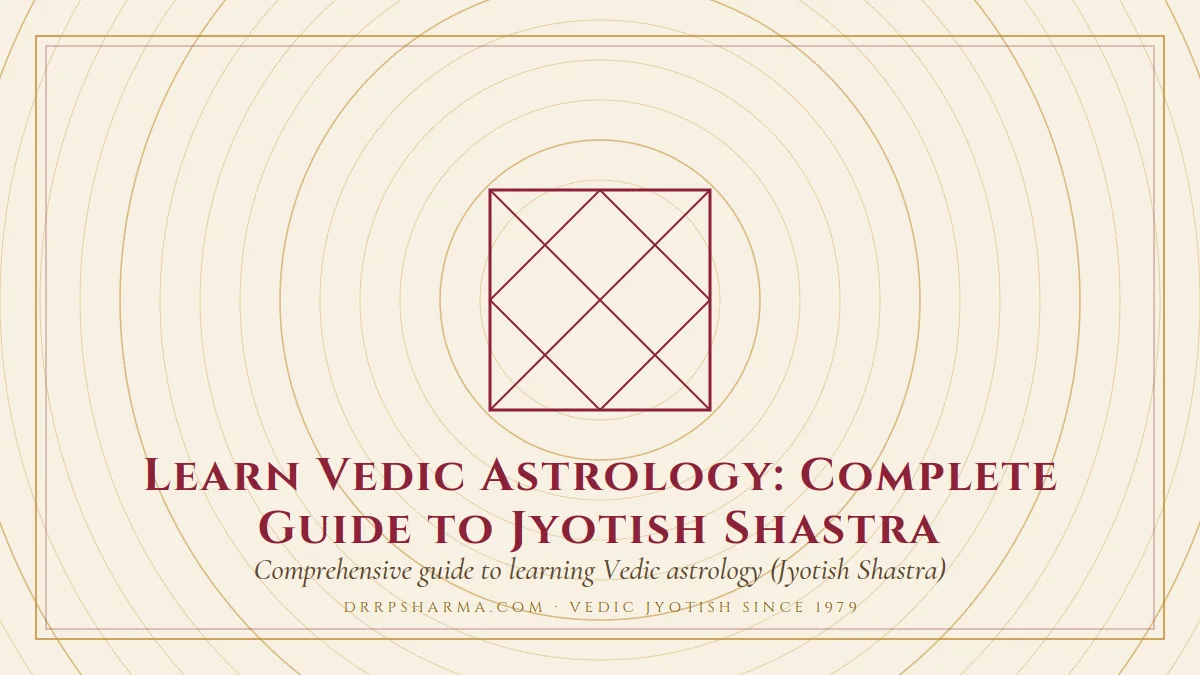 Learn Vedic Astrology: Complete Guide to Jyotish Shastra — a Vedic birth-chart (kundli) diagram motif on a parchment plate