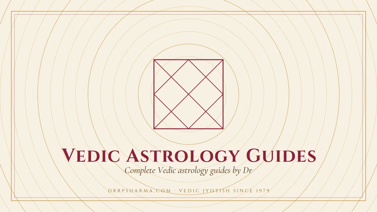 Vedic Astrology Guides — a Vedic birth-chart (kundli) diagram motif on a parchment plate