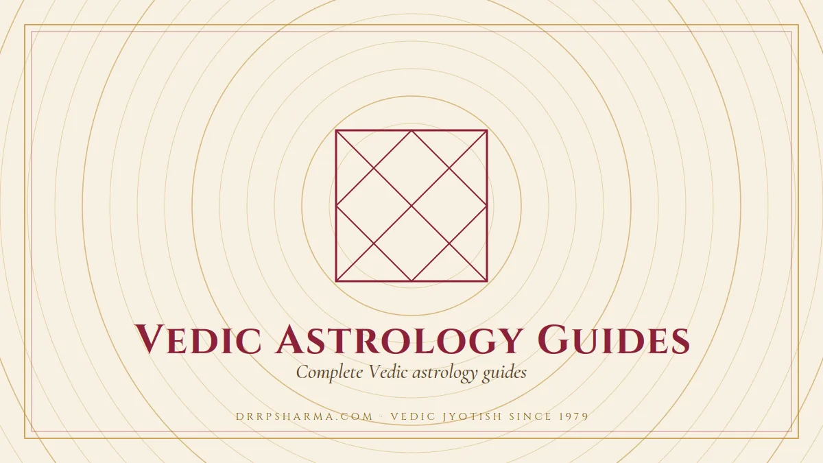 Vedic Astrology Guides — a Vedic birth-chart (kundli) diagram motif on a parchment plate