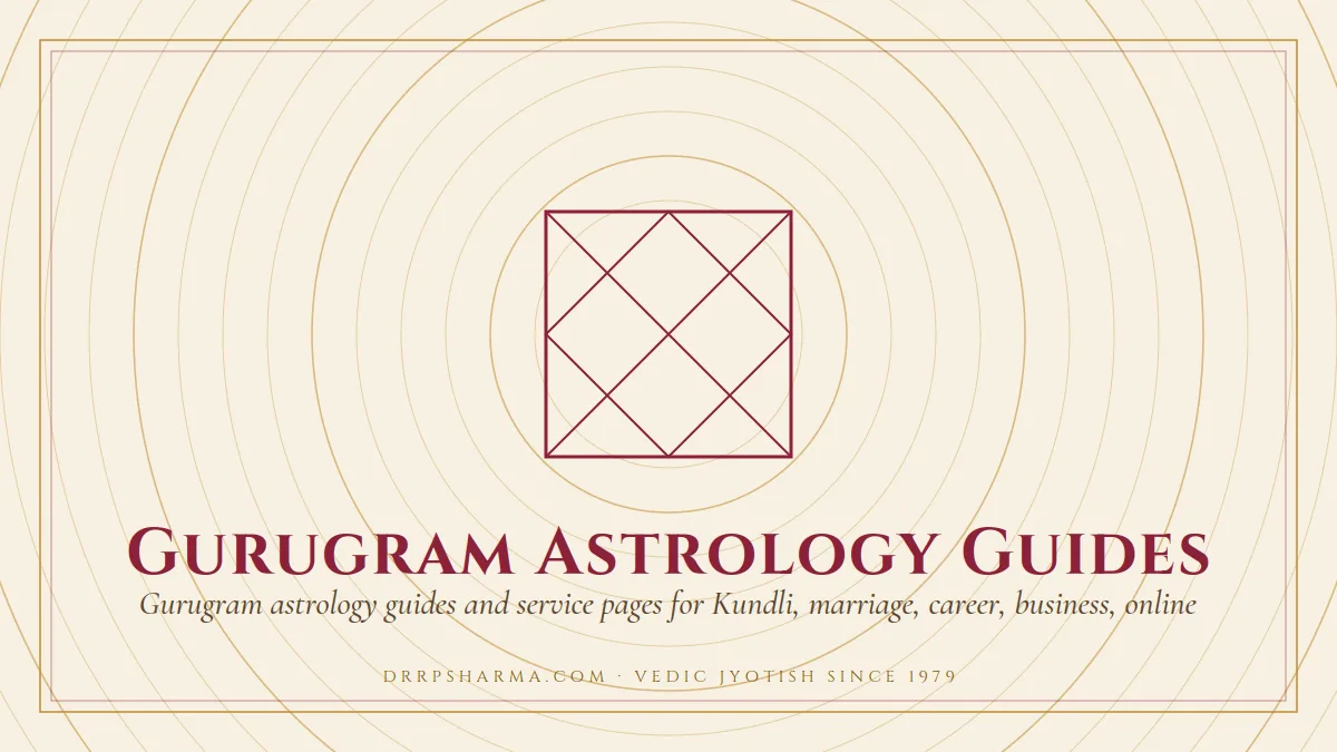 Gurugram Astrology Guides — a Vedic birth-chart (kundli) diagram motif on a parchment plate