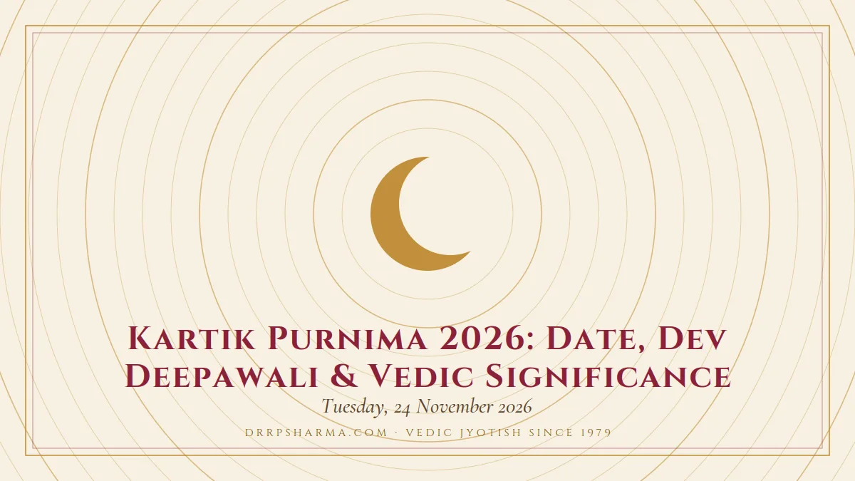 Kartik Purnima 2026 (Kartika / Karthika Pournami): Date, Dev Deepawali & Significance — a gold crescent-moon motif on a parchment plate