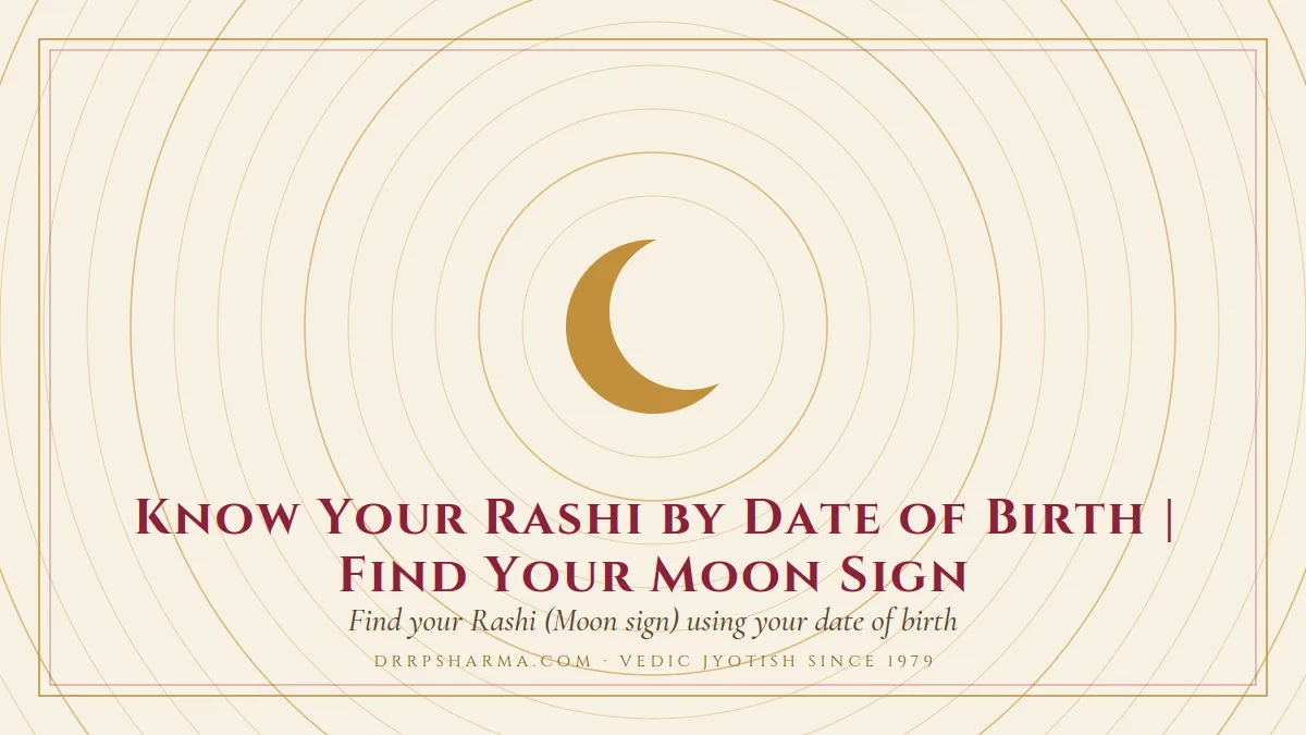 Know Your Rashi by Date of Birth | Find Your Moon Sign — a gold crescent-moon motif on a parchment plate