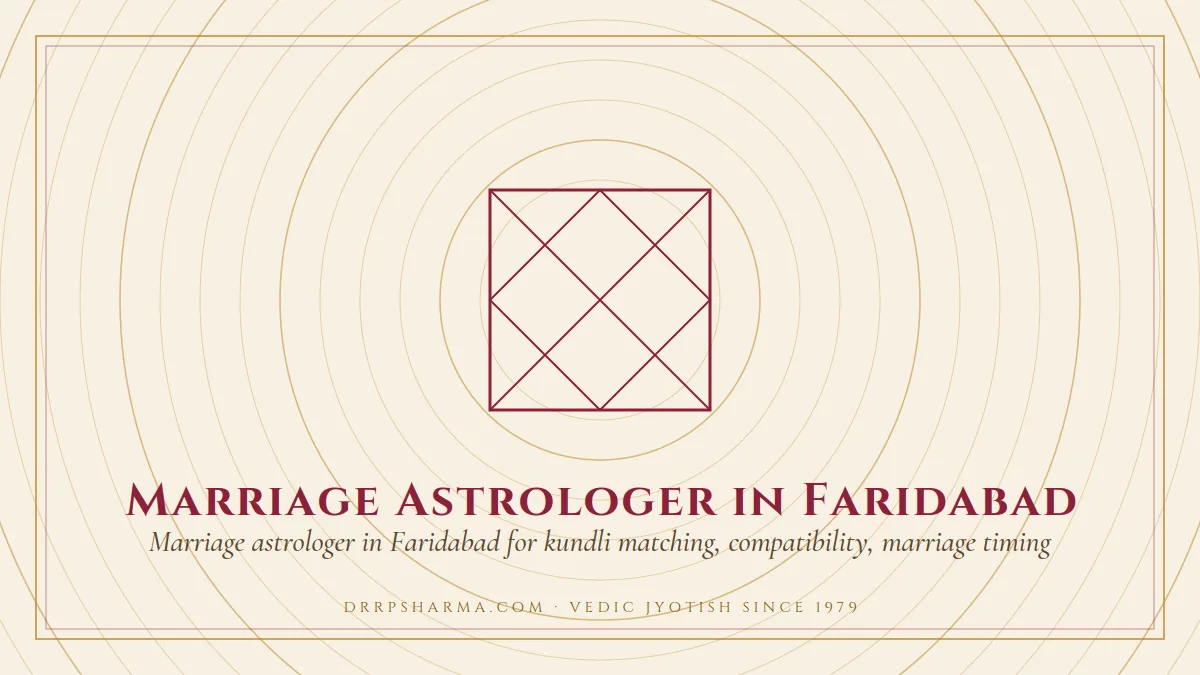 Marriage Astrologer in Faridabad — a Vedic birth-chart (kundli) diagram motif on a parchment plate