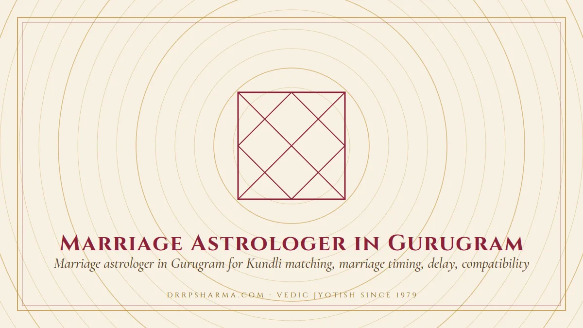Marriage Astrologer in Gurugram — a Vedic birth-chart (kundli) diagram motif on a parchment plate