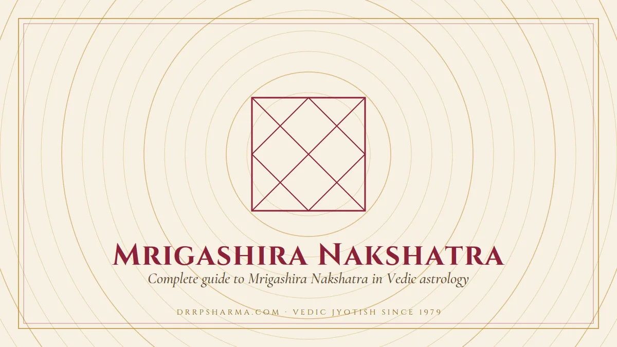 Mrigashira Nakshatra — a Vedic birth-chart (kundli) diagram motif on a parchment plate