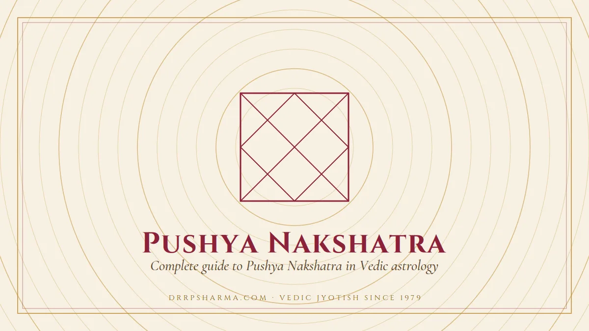 Pushya Nakshatra — a Vedic birth-chart (kundli) diagram motif on a parchment plate